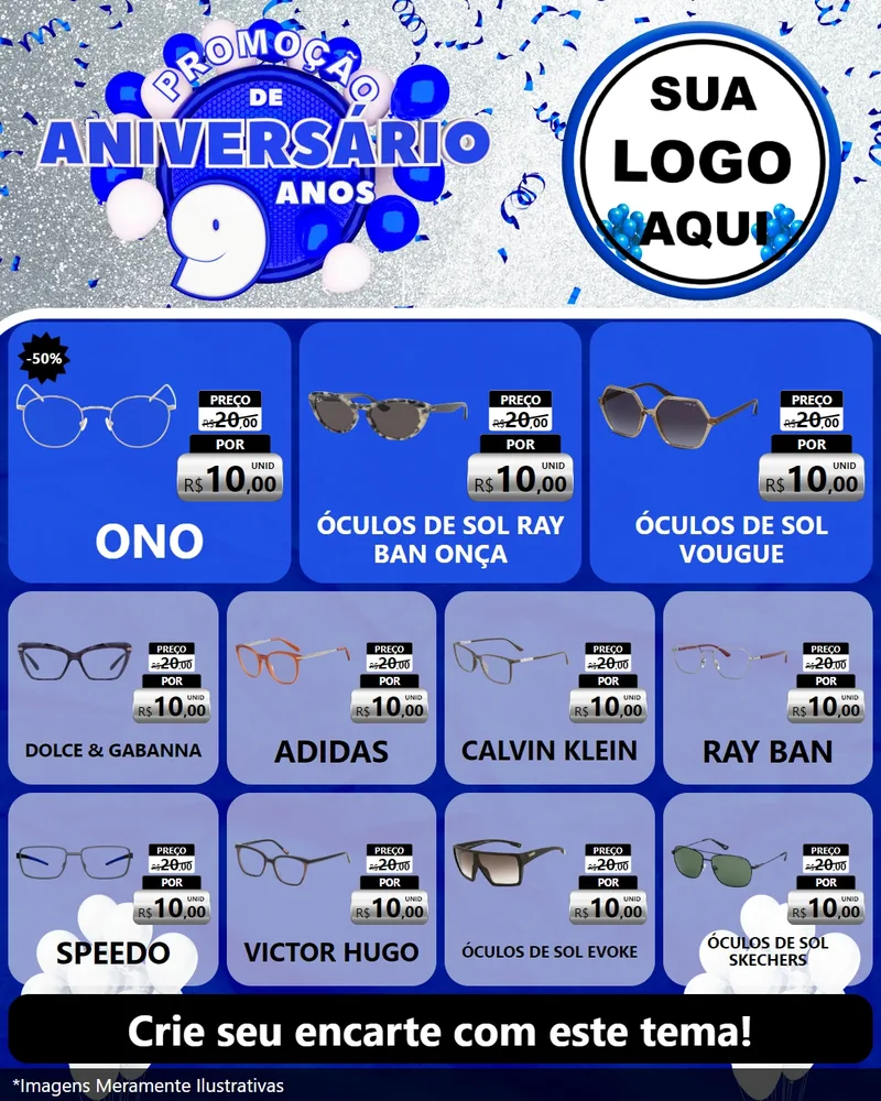Modelo de Rede Social para Feed Instagram com o tema Promoção de Aniversário - 9 Anos para Óticas