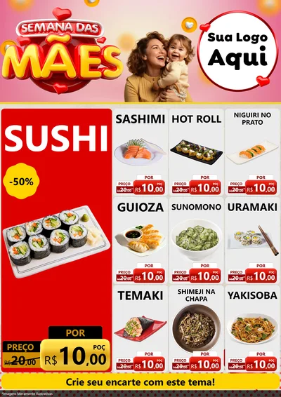 Modelo de Encarte para Encarte A4 Vertical com o tema Semana das Mães para Comida japonesa