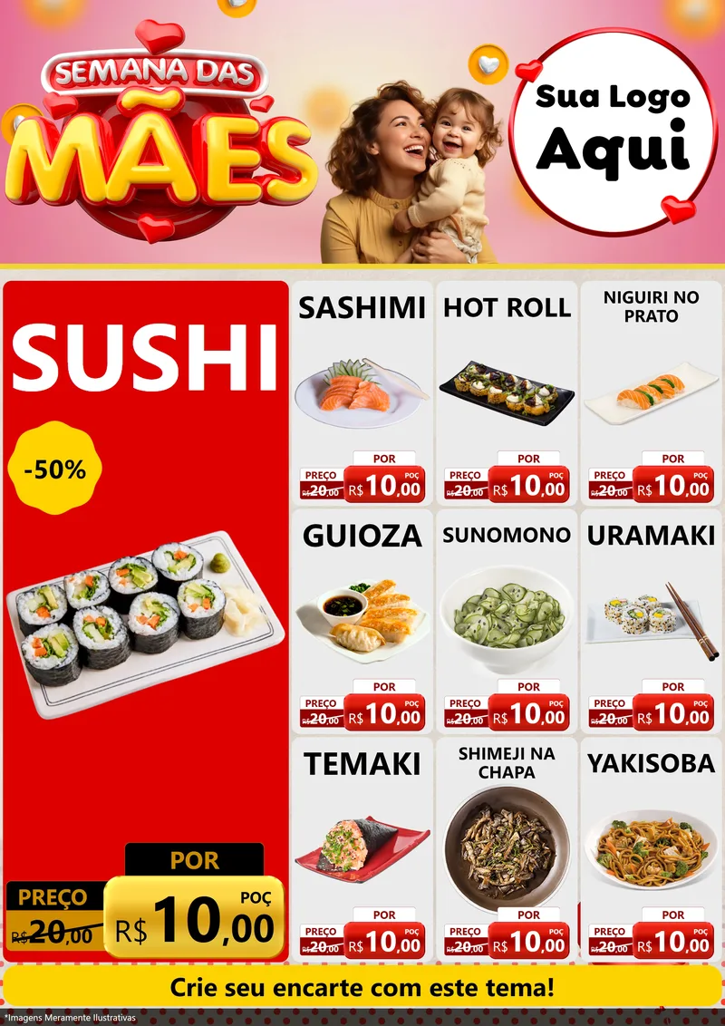 Modelo de Encarte para Encarte A4 Vertical com o tema Semana das Mães para Comida japonesa