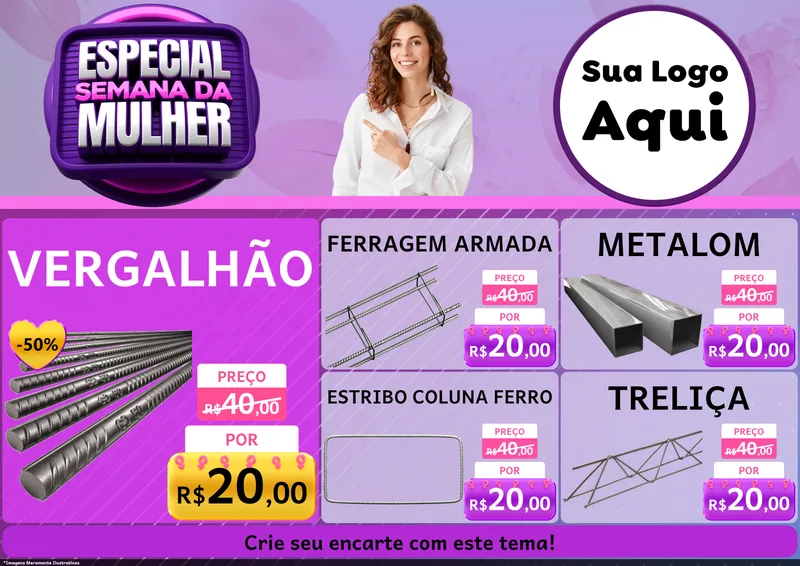 Modelo de Encarte para Encarte A4 Horizontal com o tema Especial Semana da Mulher para Ferragens