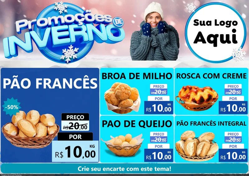 Modelo de Encarte para Encarte A4 Horizontal com o tema Promoções de Inverno para Padaria