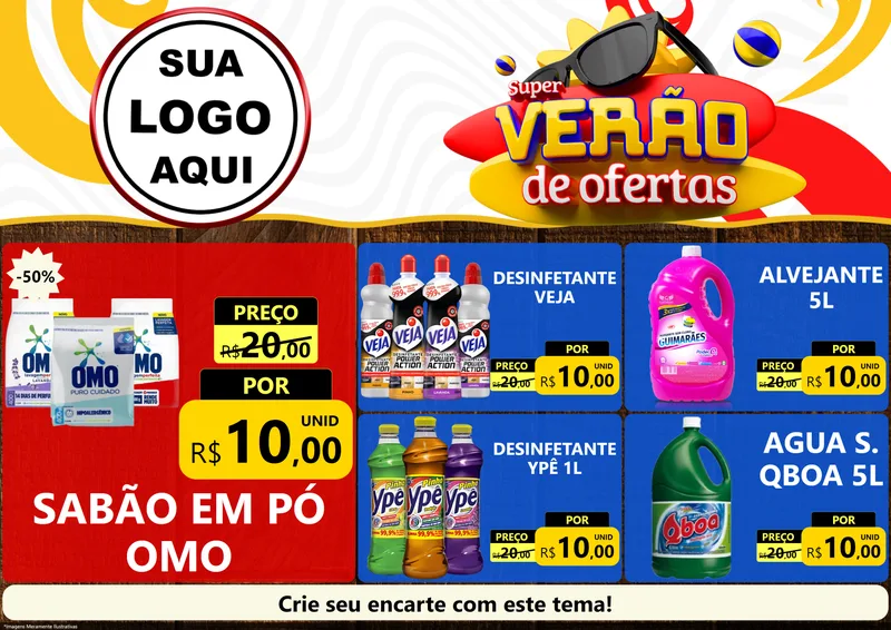 Modelo de Encarte para Encarte A4 Horizontal com o tema Super Verão de Ofertas para Produtos de Limpeza