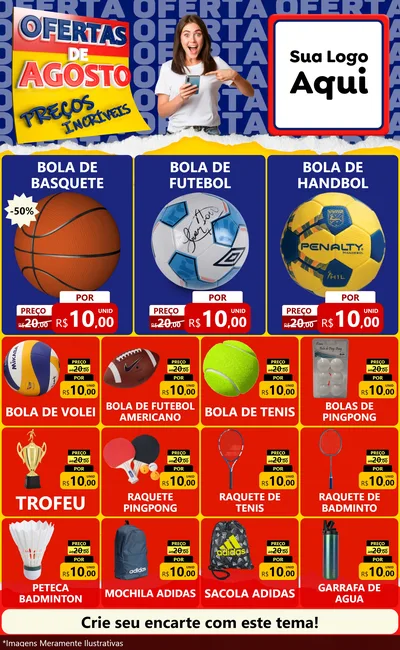 Modelo de Encarte para Encarte Grande com o tema Ofertas de Agosto - Preços Incríveis para Artigos Esportivos