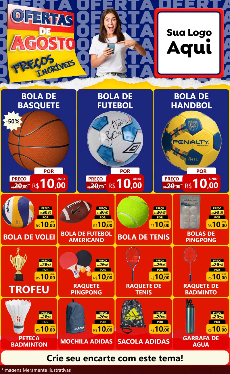 Modelo de Encarte para Encarte Grande com o tema Ofertas de Agosto - Preços Incríveis para Artigos Esportivos
