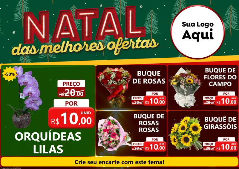 Modelo de Encarte para Encarte A4 Horizontal com o tema Natal das Melhores Ofertas para Floricultura e jardim