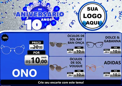 Modelo de Encarte para Encarte A4 Horizontal com o tema Promoção de Aniversário - 10 Anos para Óticas
