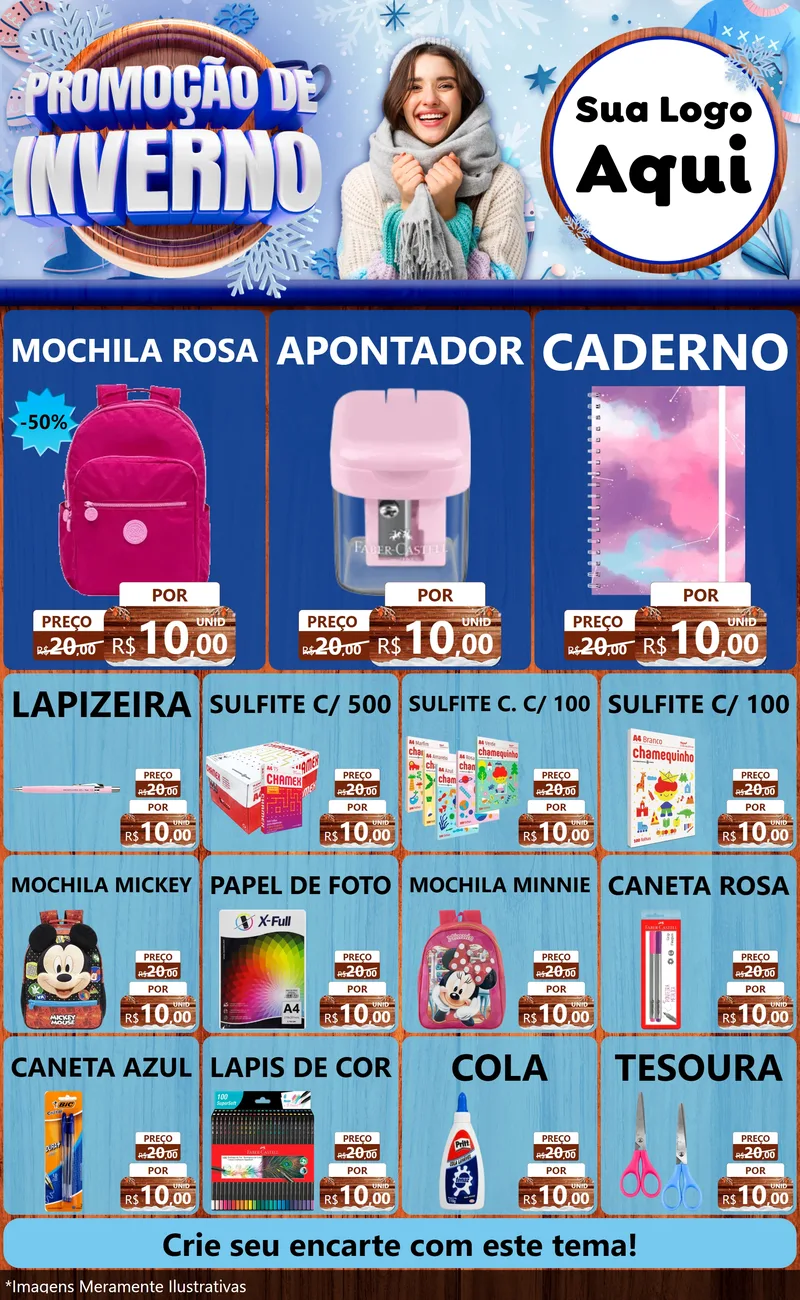 Modelo de Encarte para Encarte Grande com o tema Promoção de Inverno para Papelaria