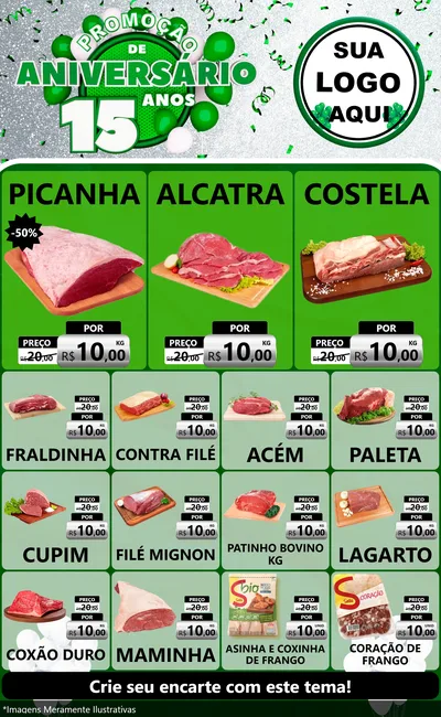 Modelo de Encarte para Encarte Grande com o tema Promoção de Aniversário - 15 Anos para Açougue