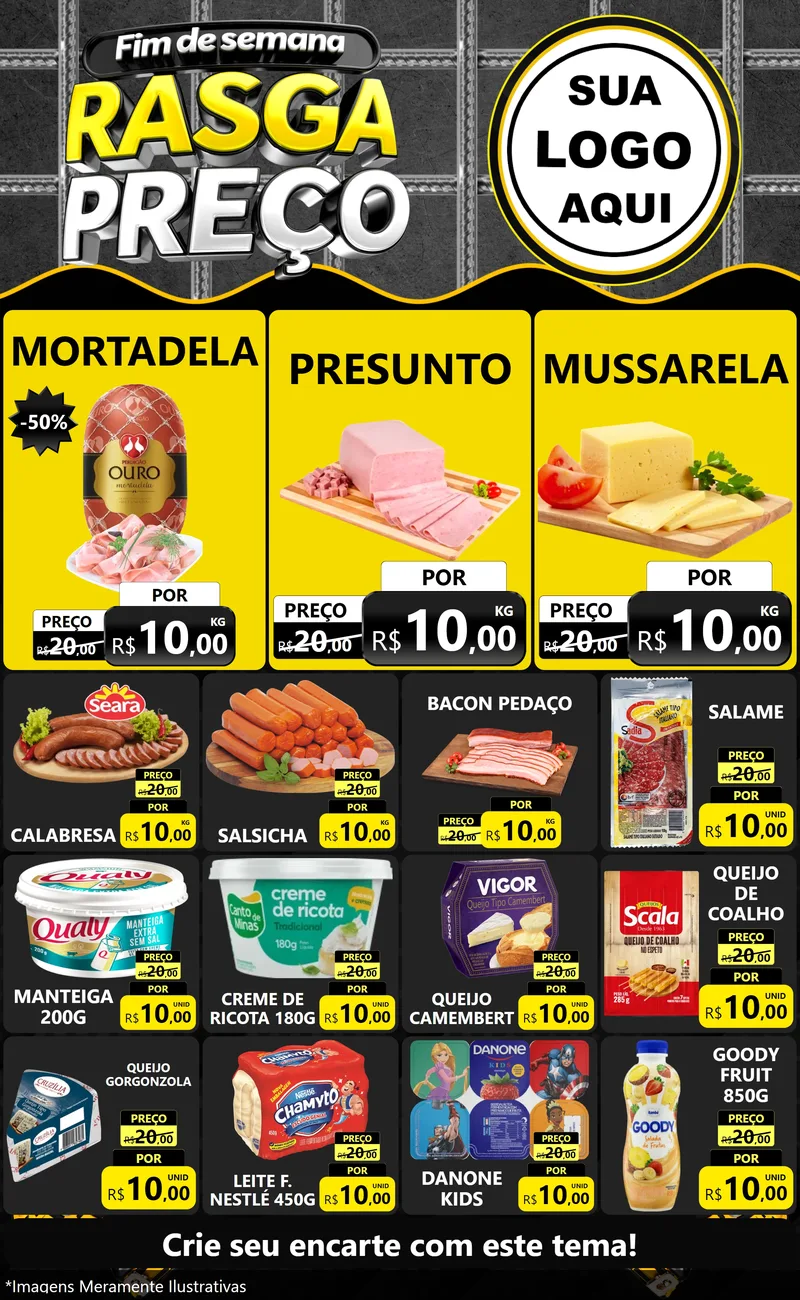 Modelo de Encarte para Encarte Grande com o tema Fim de Semana Rasga Preço para Frios e Laticínios