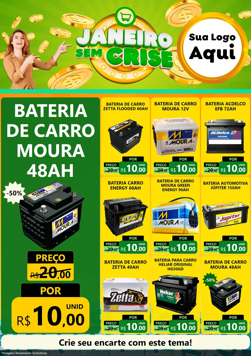 Modelo de Encarte para Encarte A4 Vertical com o tema Janeiro Sem Crise para Baterias Elétricas