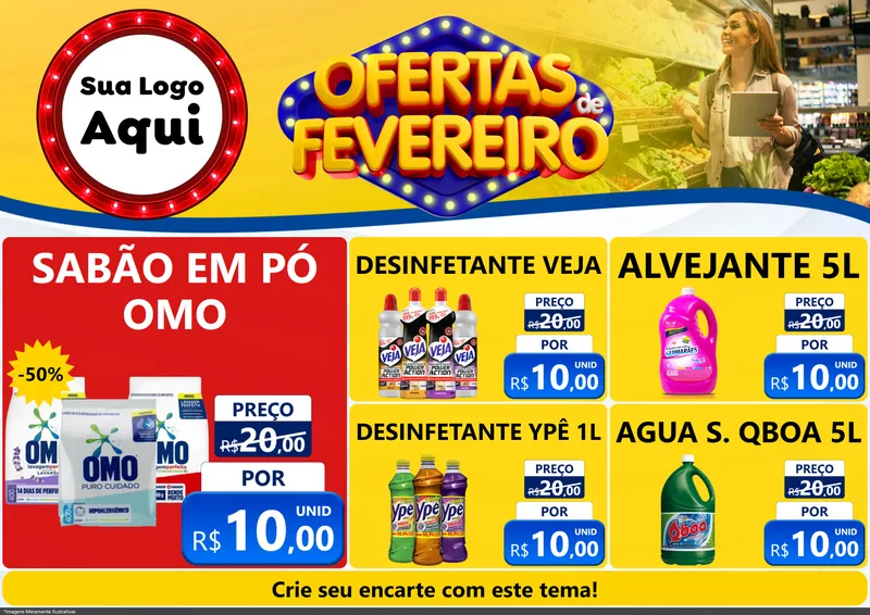 Modelo de Encarte para Encarte A4 Horizontal com o tema Ofertas de Fevereiro para Produtos de Limpeza