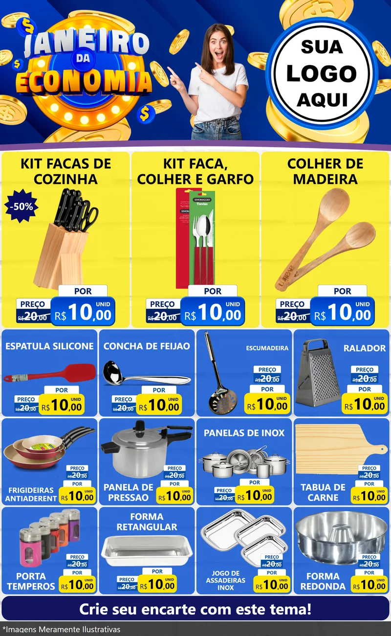 Modelo de Encarte para Encarte Grande com o tema Janeiro da Economia para Utilidades Domésticas