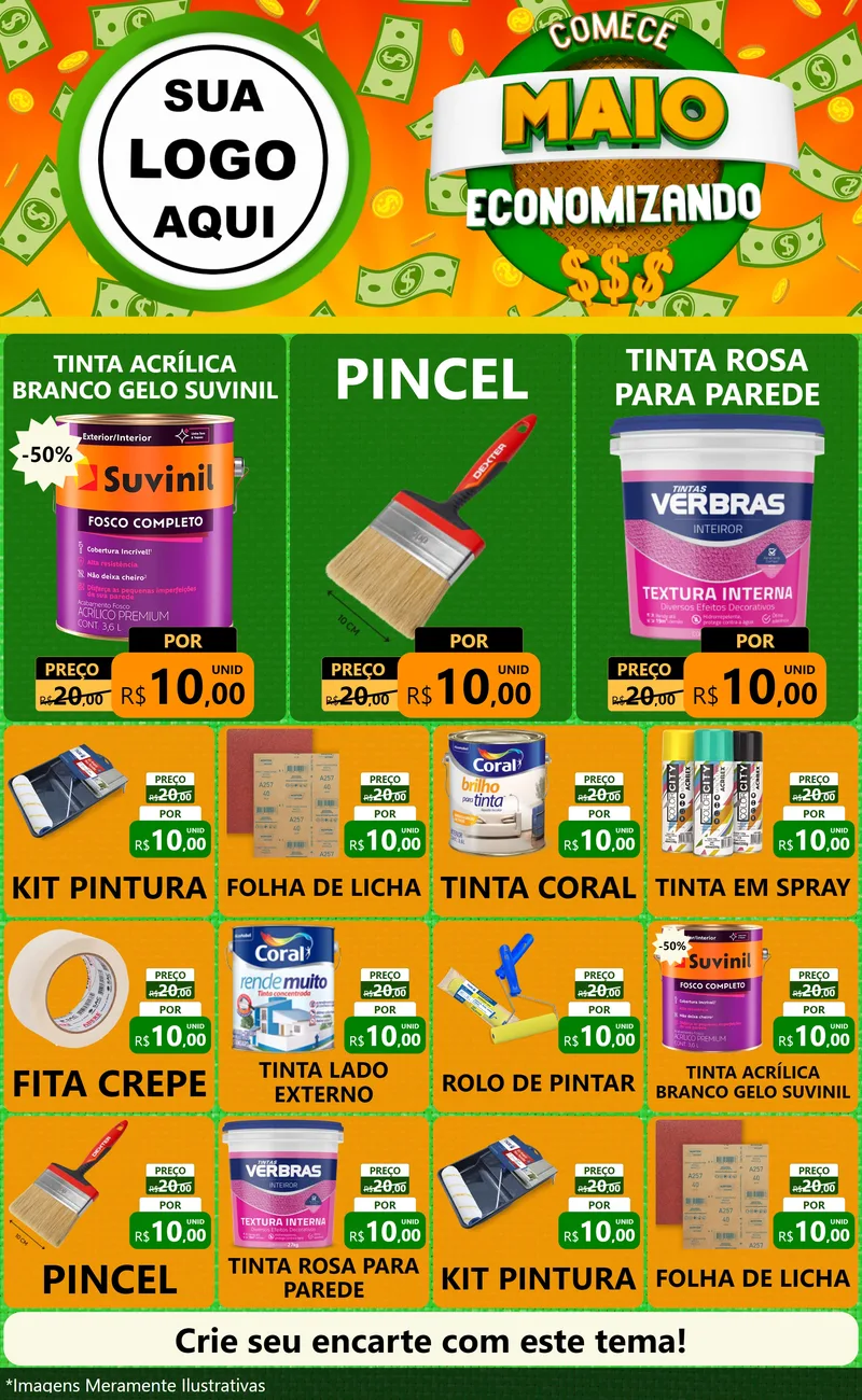 Modelo de Encarte para Encarte Grande com o tema Comece Maio Economizando para Tintas e Ferramentas
