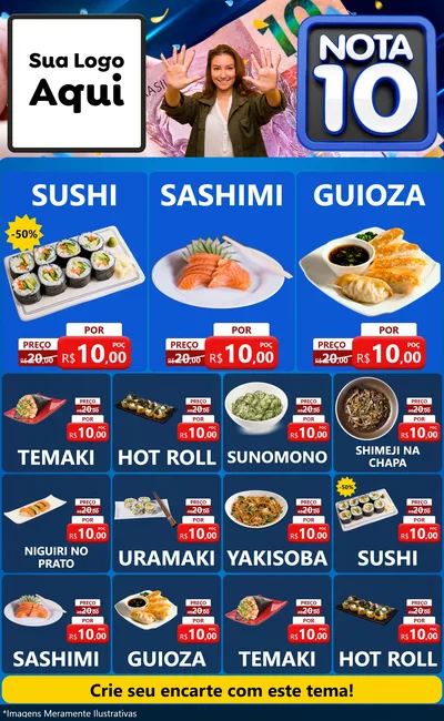 Modelo de Encarte para Encarte Grande com o tema Nota 10 para Comida japonesa