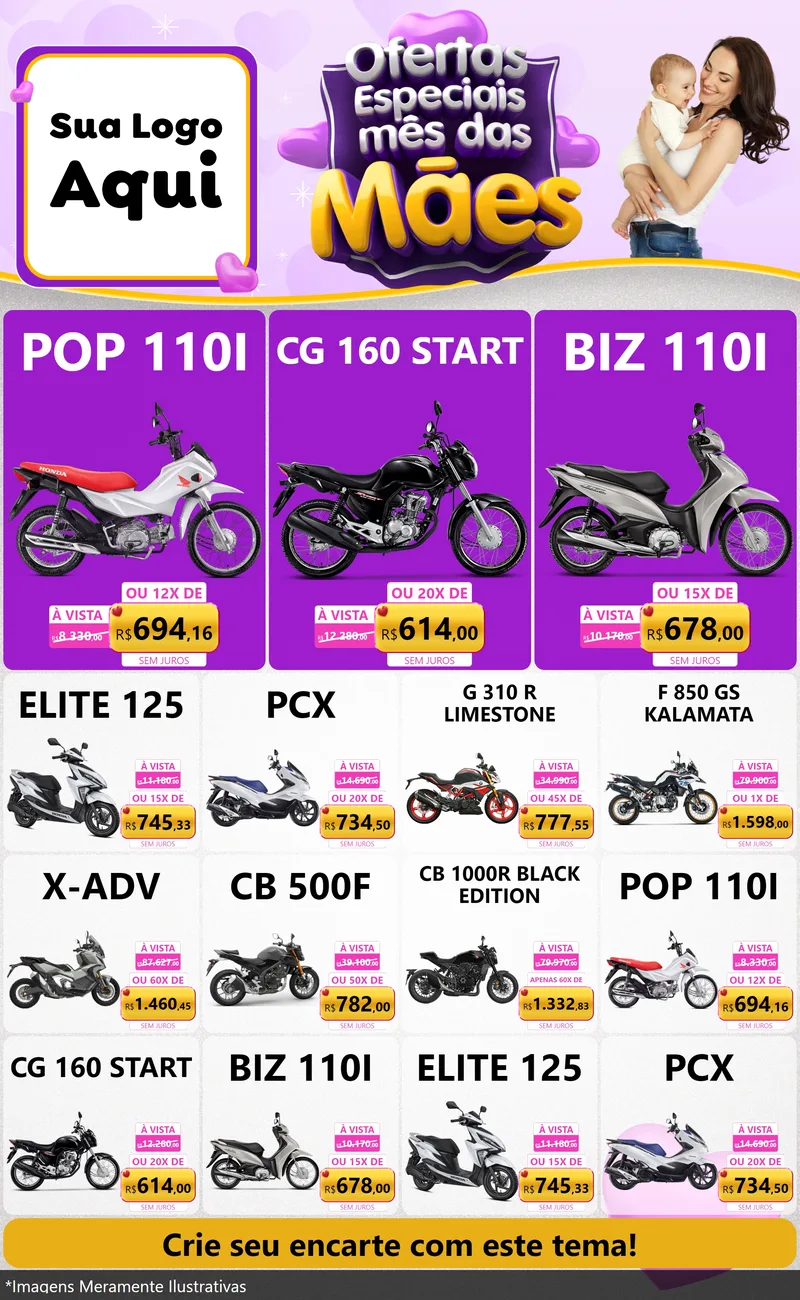 Modelo de Encarte para Encarte Grande com o tema Ofertas Especiais - Mês das Mães para Concessionaria de Motos