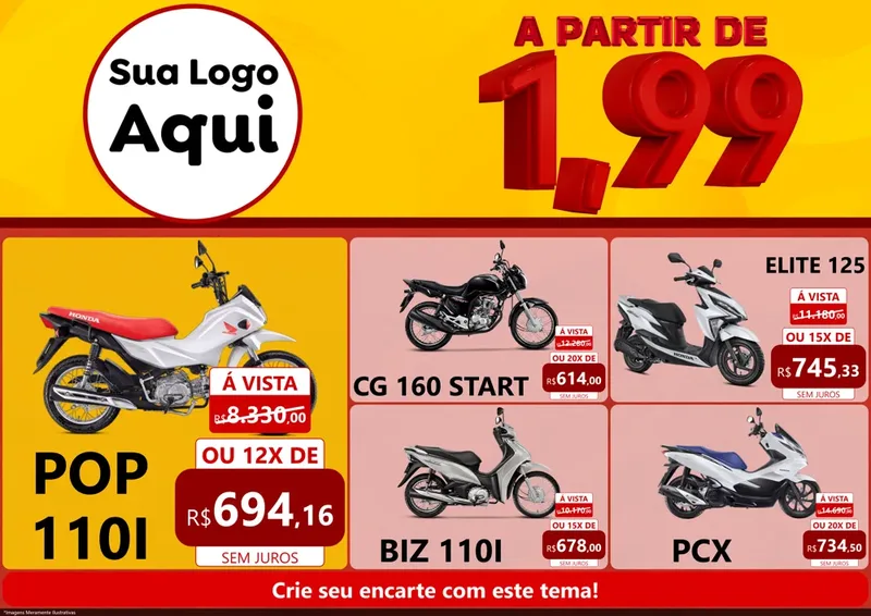 Modelo de Encarte para Encarte A4 Horizontal com o tema A Partir de Um e Noventa e Nove - 1,99 para Concessionaria de Motos