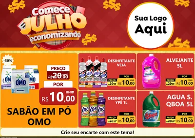 Modelo de Encarte para Encarte A4 Horizontal com o tema Comece Julho Economizando para Produtos de Limpeza