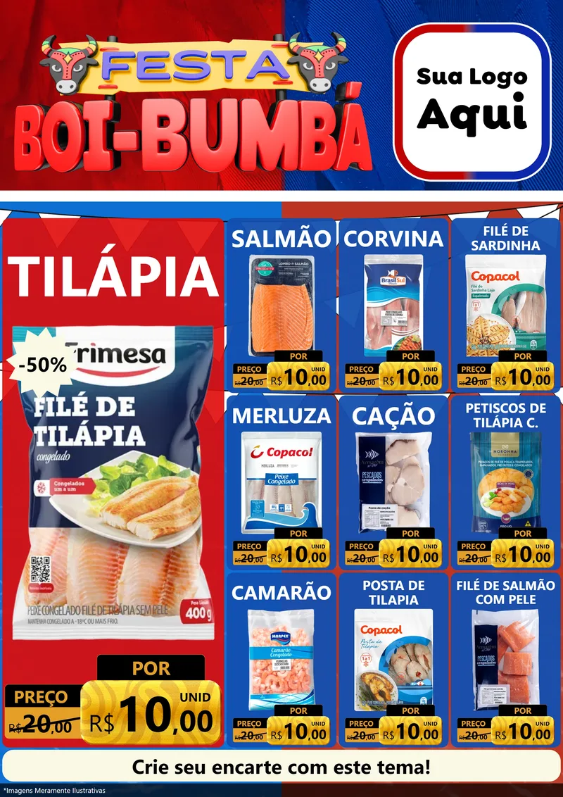 Modelo de Encarte para Encarte A4 Vertical com o tema Festa Boi Bumbá para Peixaria