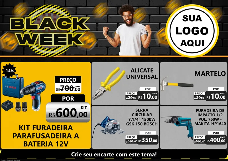 Modelo de Encarte para Encarte A4 Horizontal com o tema Black Week para Maquinas e Ferramentas