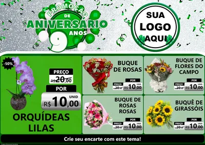 Modelo de Encarte para Encarte A4 Horizontal com o tema Promoção de Aniversário - 9 Anos para Floricultura e jardim