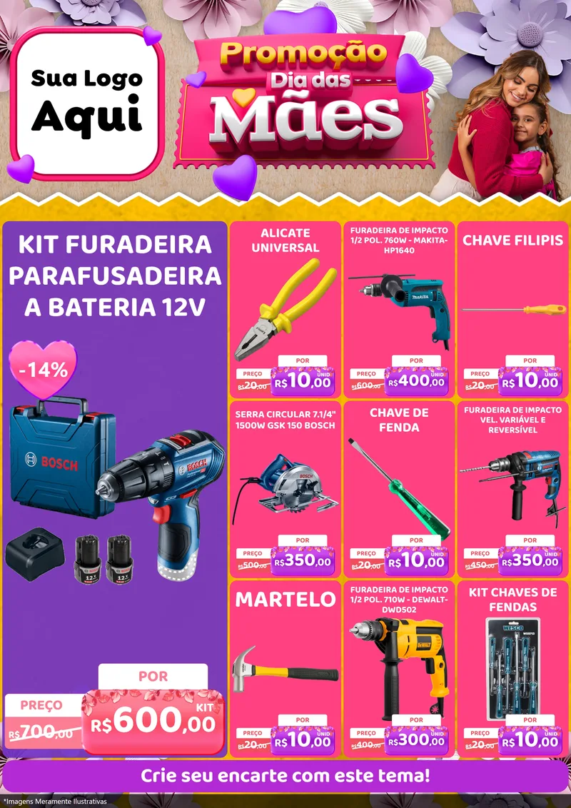 Modelo de Encarte para Encarte A4 Vertical com o tema Promoção Dia das Mães para Maquinas e Ferramentas