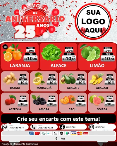 Modelo de Rede Social para Feed Instagram com o tema Promoção de Aniversário - 25Anos para Hortifrúti