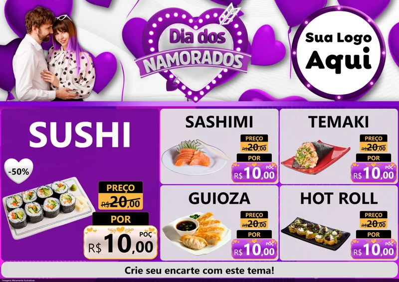 Modelo de Encarte para Encarte A4 Horizontal com o tema Dia dos Namorados para Comida japonesa