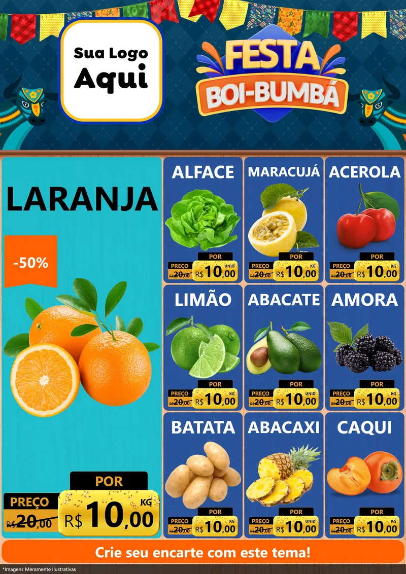 Modelo de Encarte para Encarte A4 Vertical com o tema Festa Boi Bumbá para Hortifrúti