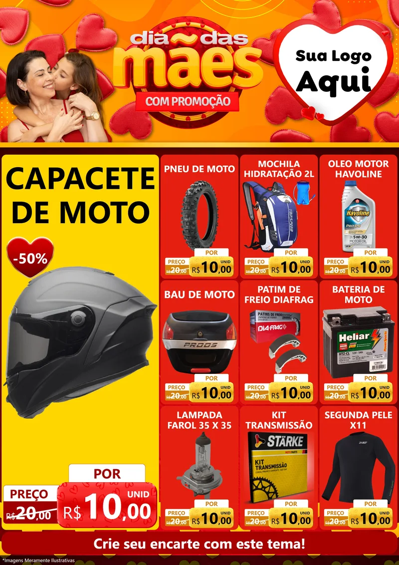 Modelo de Encarte para Encarte A4 Vertical com o tema Dia das Mães com Promoção para Moto peças