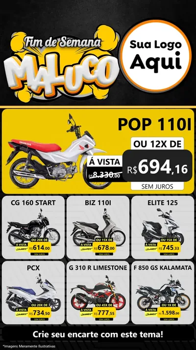 Modelo de Rede Social para Stories com o tema Fim de Semana Maluco para Concessionaria de Motos