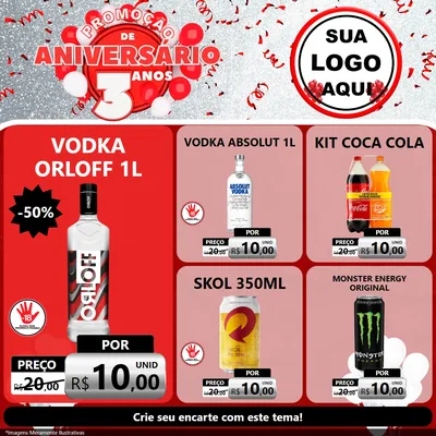 Modelo de Rede Social para Feed Facebook com o tema Promoção de Aniversário - 3 Anos para Distribuidora de bebidas