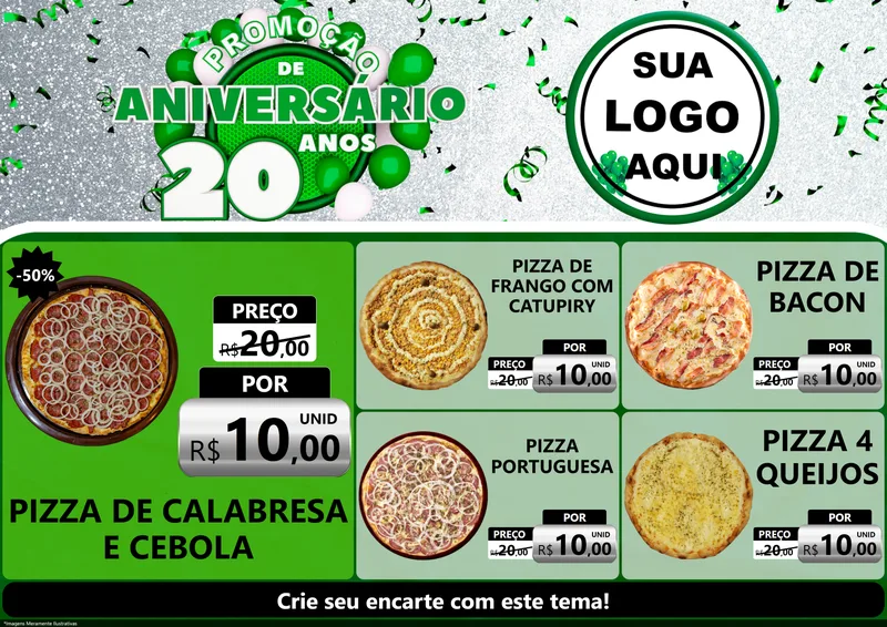 Modelo de Encarte para Encarte A4 Horizontal com o tema Promoção de Aniversário - 20 Anos para Pizzaria