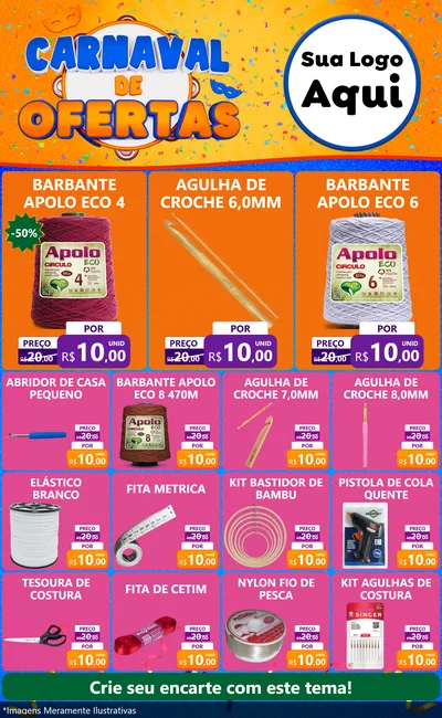 Modelo de Encarte para Encarte Grande com o tema Carnaval de Ofertas para Armarinho e Aviamentos