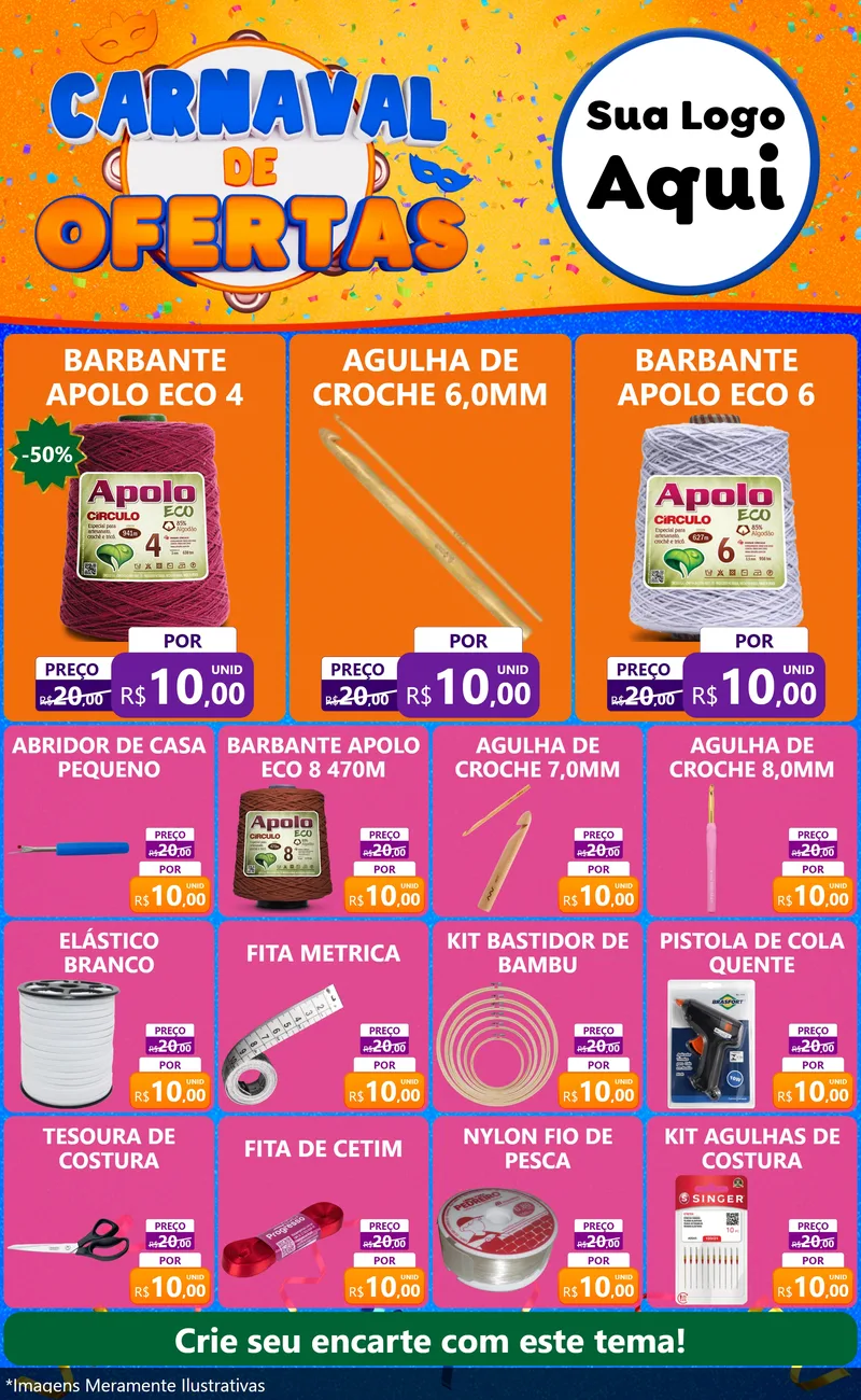 Modelo de Encarte para Encarte Grande com o tema Carnaval de Ofertas para Armarinho e Aviamentos