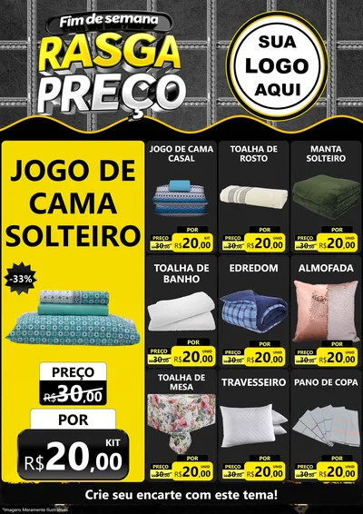 Modelo de Encarte para Encarte A4 Vertical com o tema Fim de Semana Rasga Preço para Cama, Mesa e Banho