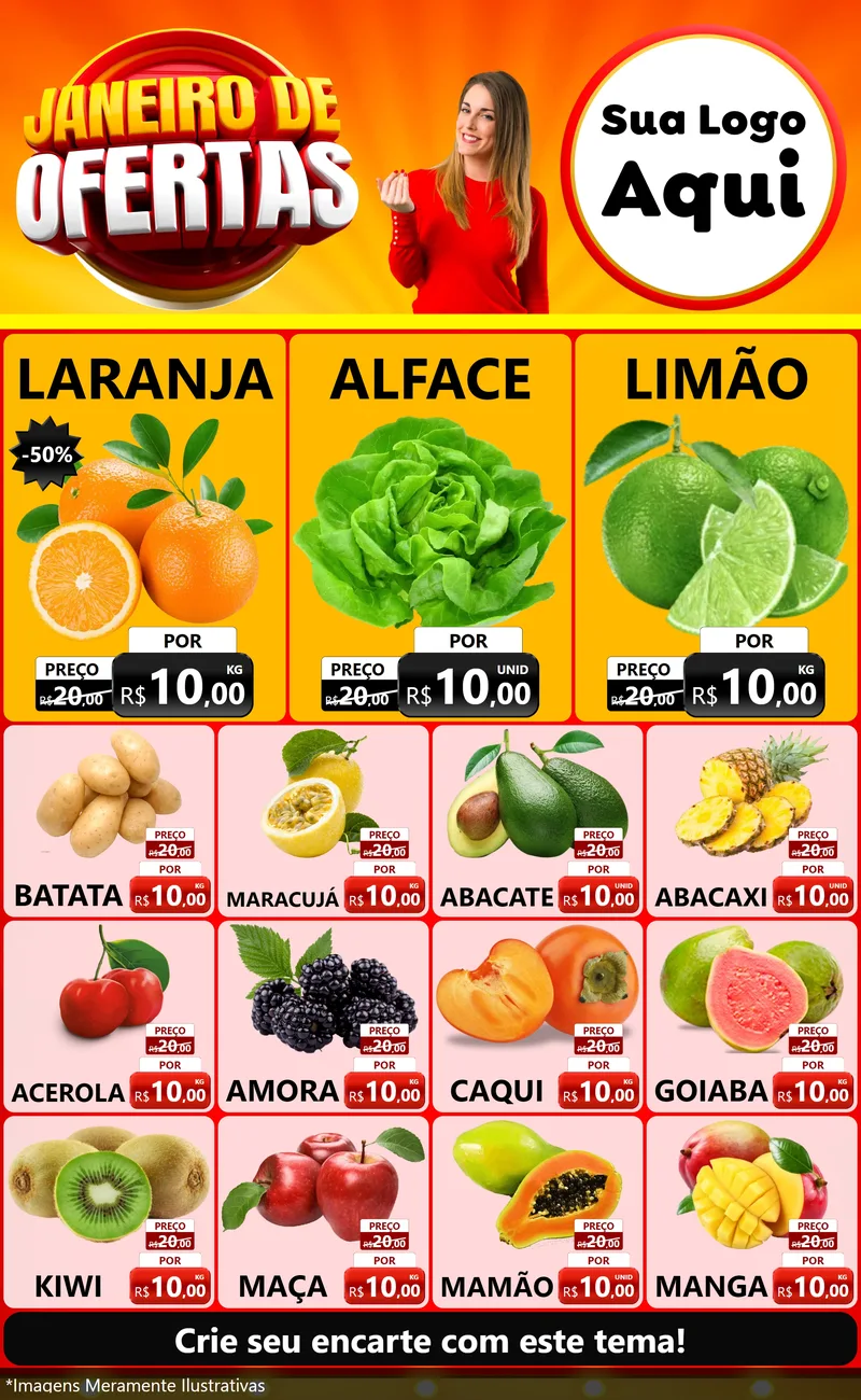 Modelo de Encarte para Encarte Grande com o tema Janeiro de Ofertas para Hortifrúti