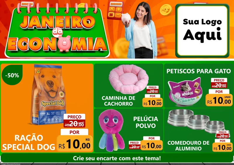 Modelo de Encarte para Encarte A4 Horizontal com o tema Janeiro da Economia para Pet Shop