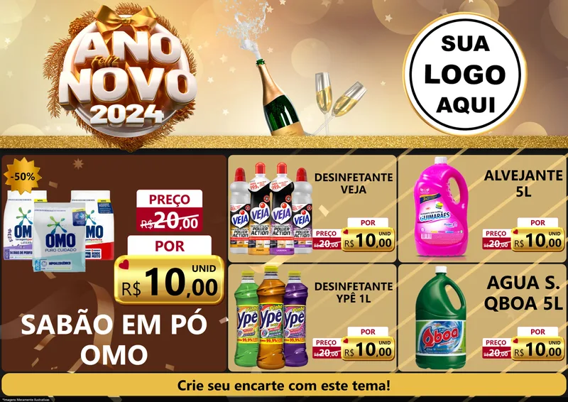 Modelo de Encarte para Encarte A4 Horizontal com o tema Feliz Ano Novo 2027 para Produtos de Limpeza