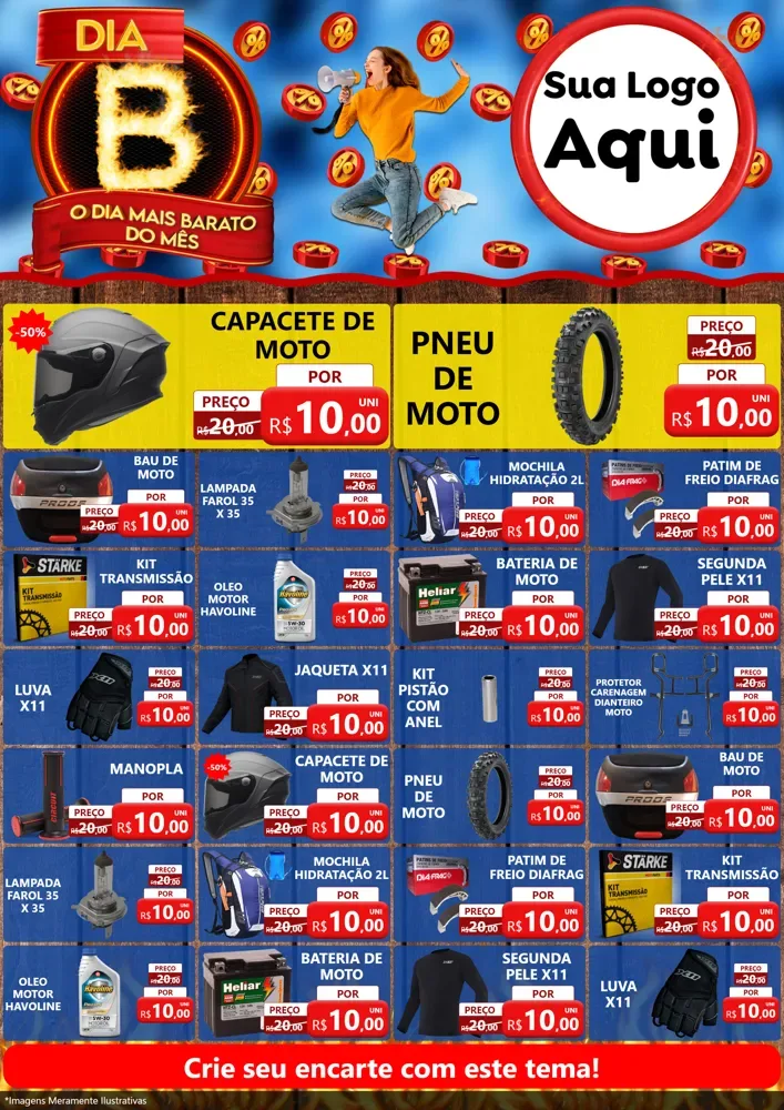 Modelo de Encarte para Encarte A4 Vertical com o tema Dia B - O Dia Mais Barato Do Mês para Moto peças