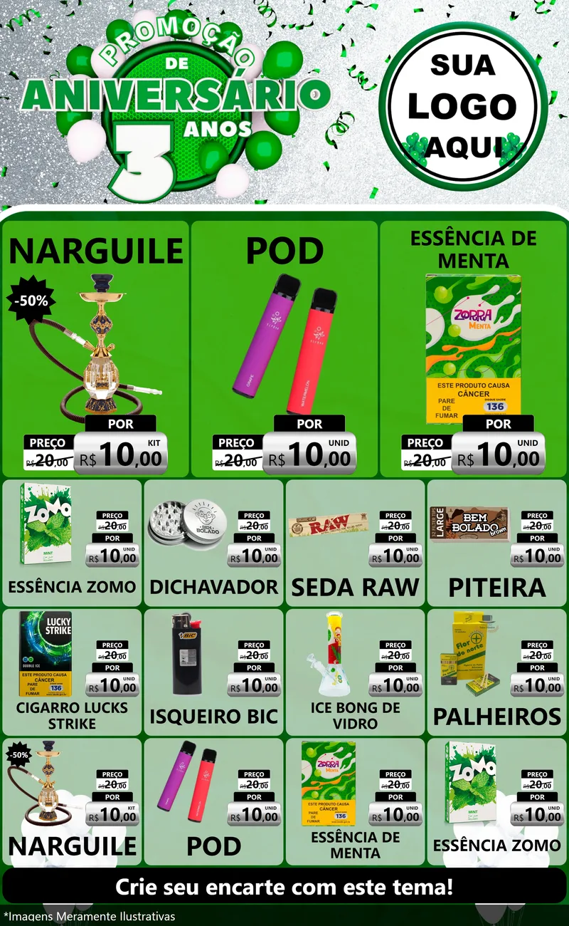 Modelo de Encarte para Encarte Grande com o tema Promoção de Aniversário - 3 Anos para Tabacaria