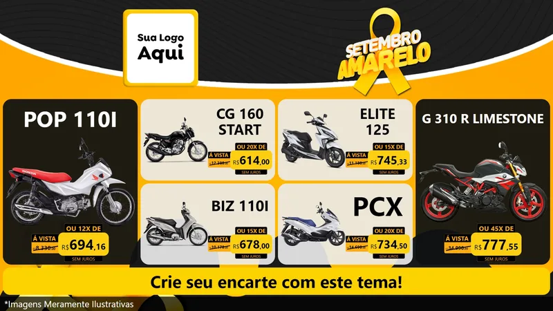 Modelo de TV para TV Horizontal com o tema Setembro Amarelo para Concessionaria de Motos