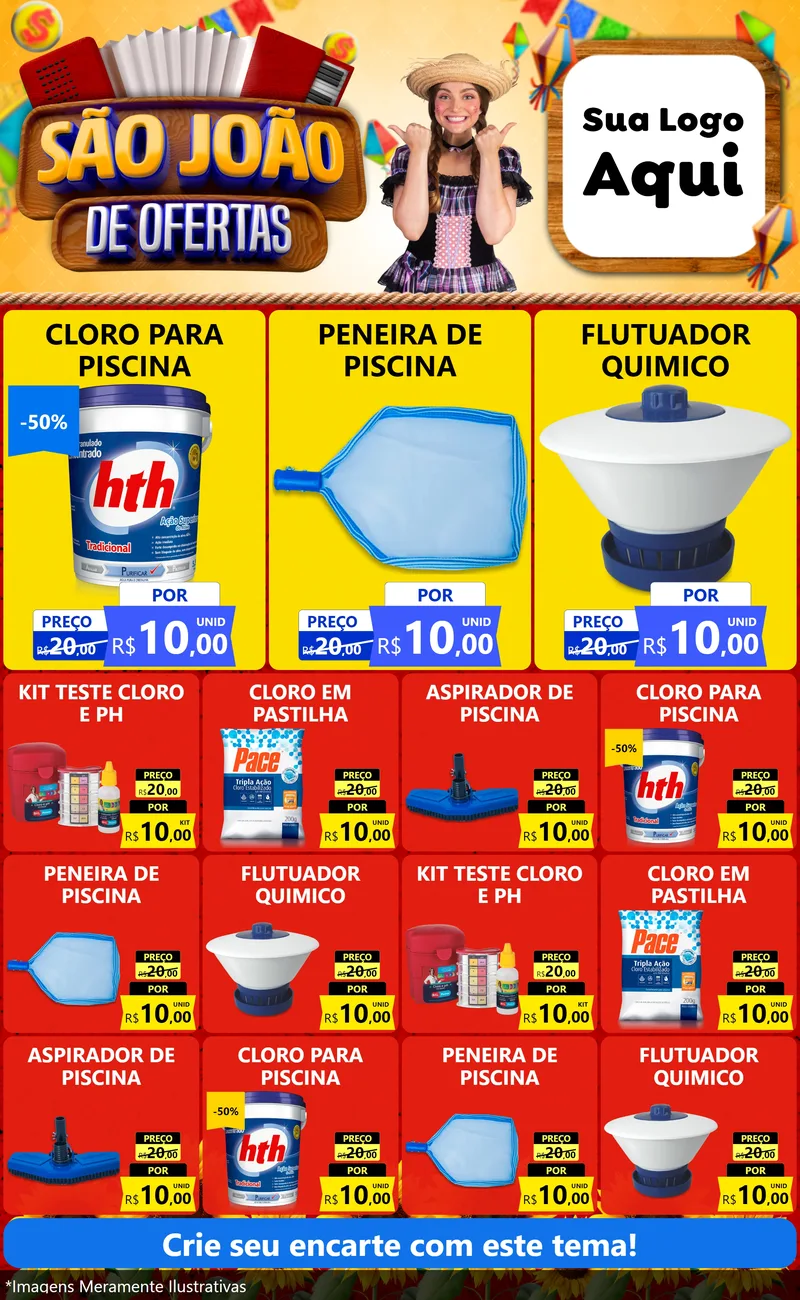 Modelo de Encarte para Encarte Grande com o tema São João de Ofertas para Produtos para Piscina