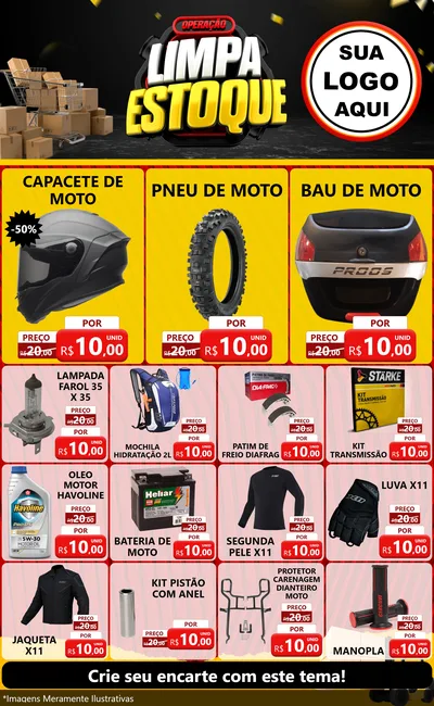Modelo de Encarte para Encarte Grande com o tema Operação Limpa Estoque para Moto peças