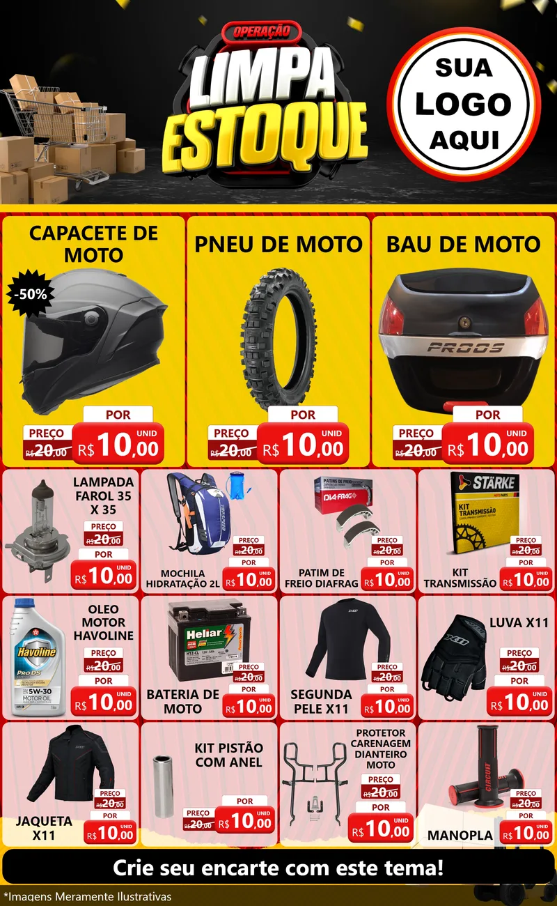 Modelo de Encarte para Encarte Grande com o tema Operação Limpa Estoque para Moto peças