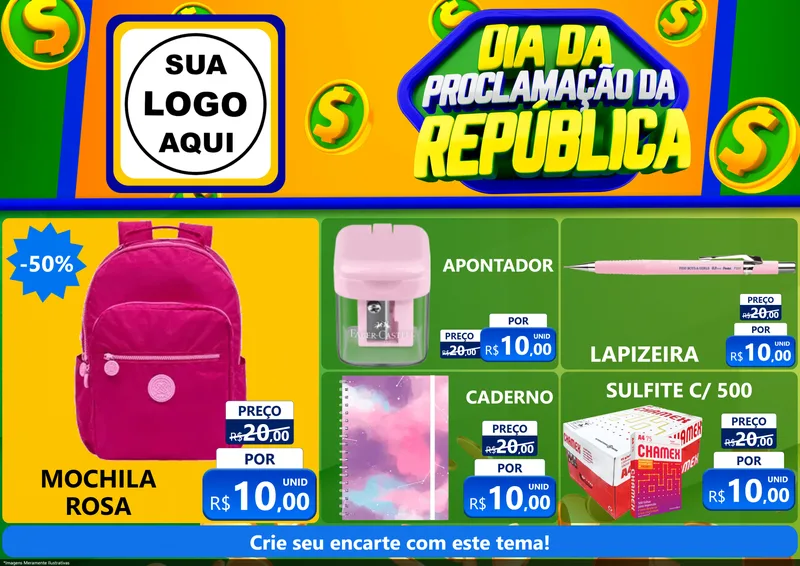 Modelo de Encarte para Encarte A4 Horizontal com o tema Dia Da Proclamação da República para Papelaria
