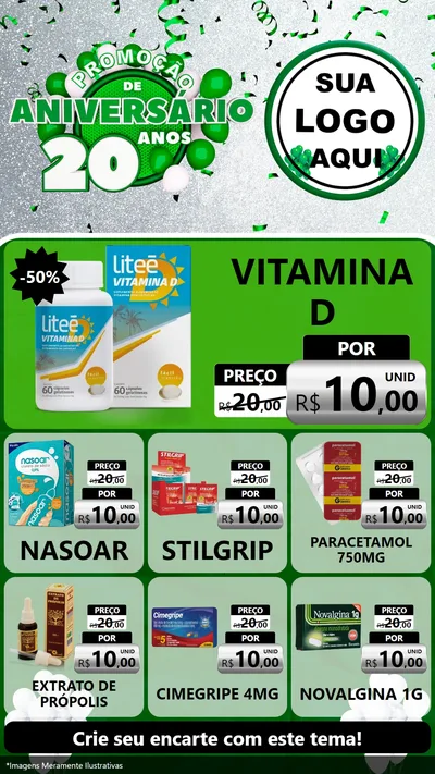 Modelo de Rede Social para Stories com o tema Promoção de Aniversário - 20 Anos para Farmácia