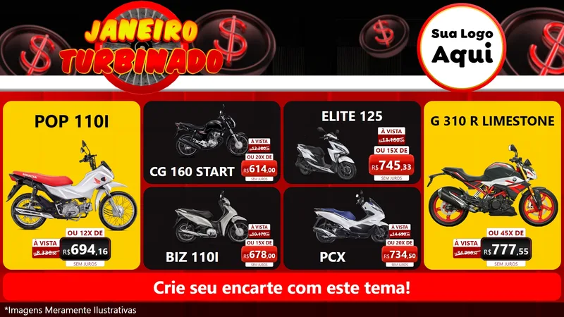 Modelo de TV para TV Horizontal com o tema Janeiro Turbinado para Concessionaria de Motos