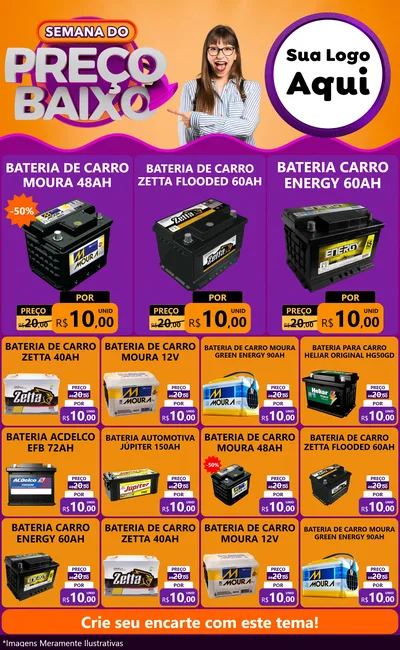 Modelo de Encarte para Encarte Grande com o tema Semana do Preço Baixo para Baterias Elétricas