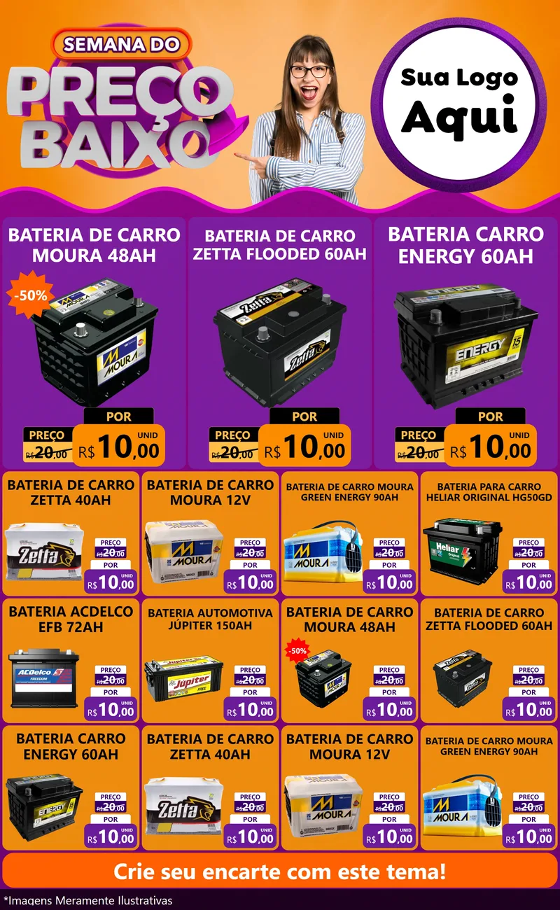 Modelo de Encarte para Encarte Grande com o tema Semana do Preço Baixo para Baterias Elétricas