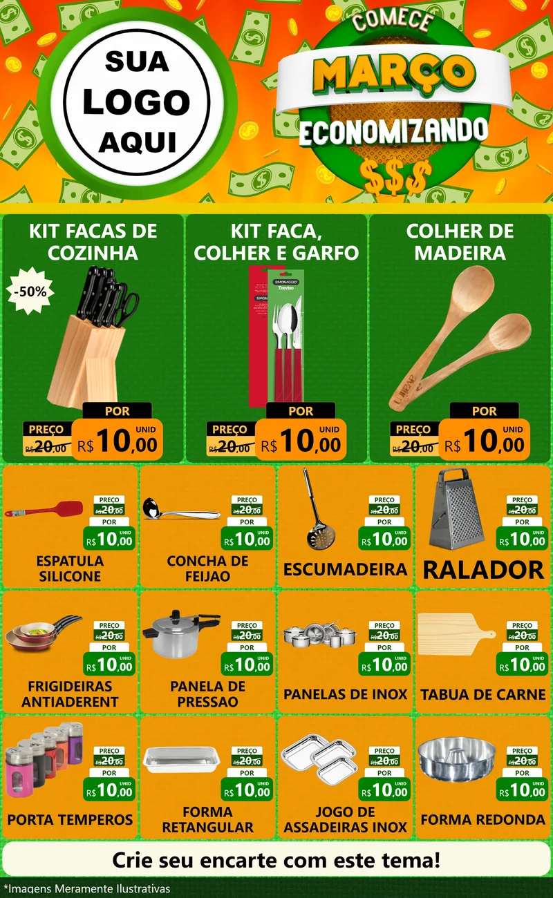 Modelo de Encarte para Encarte Grande com o tema Comece Março Economizando para Utilidades Domésticas